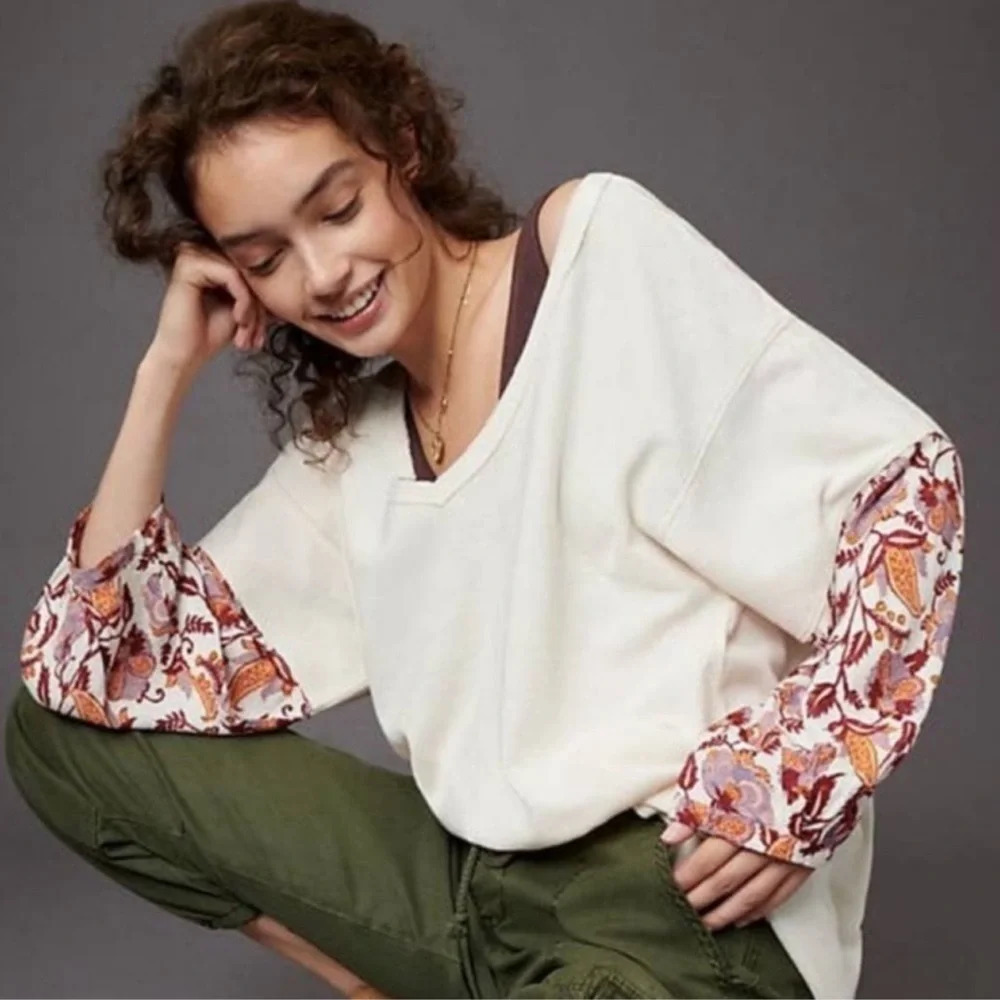 Anthropologie Annette Oversized Thermal Waffle Knit Floral Sleeve Top Size XS